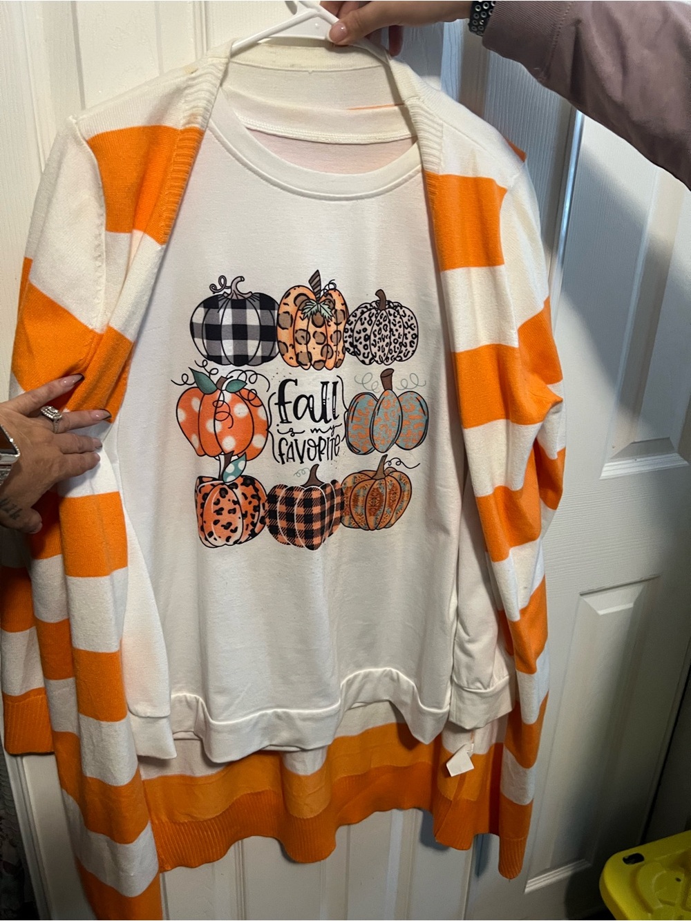 Fall Favorite Pumpkin Graphic Sweatshirt with Orange Stripe Cardigan